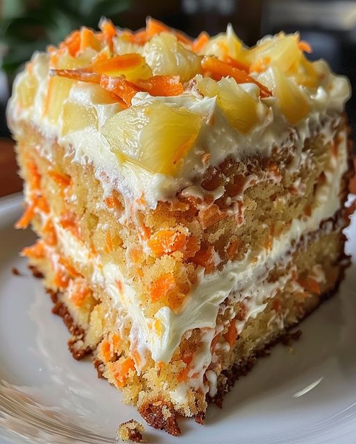 A slice of Hawaiian Carrot Pineapple Cake, filled with grated carrots and pineapple chunks, topped with a smooth cream cheese frosting and a sprinkle of shredded coconut, evoking tropical flavors.