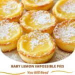 Mini lemon impossible pies in small ramekins with a golden crust and lemon filling, garnished with a sprinkle of powdered sugar.