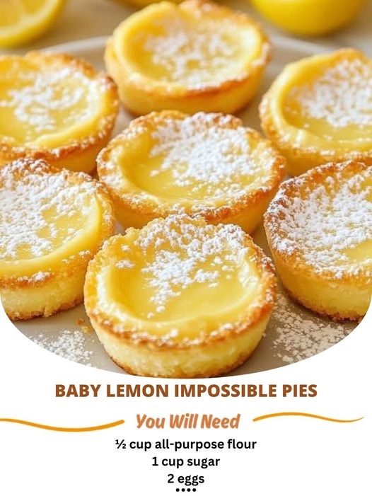 Mini lemon impossible pies in small ramekins with a golden crust and lemon filling, garnished with a sprinkle of powdered sugar.