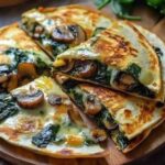 Golden, baked quesadillas filled with spinach, mushrooms, and melted cheese, served with a side of salsa.