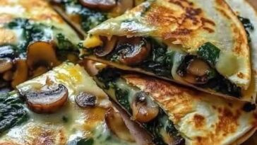 Golden, baked quesadillas filled with spinach, mushrooms, and melted cheese, served with a side of salsa.