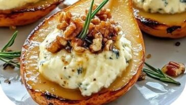 Blue Cheese Stuffed Pears served on a platter, with ripe pear halves filled with creamy blue cheese and garnished with fresh herbs and a drizzle of honey.