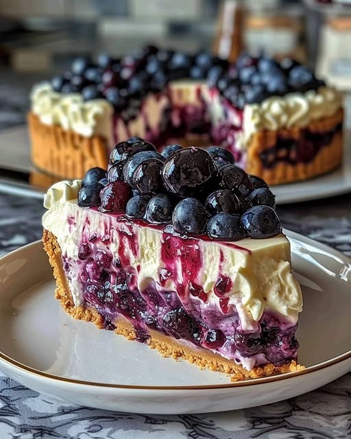close-up of a creamy blueberry swirl cheesecake topped with fresh blueberries, with a swirled purple-blue pattern in the center.