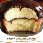 A close-up of Boston Cream Pie Cupcakes, with a fluffy vanilla cupcake base, filled with creamy custard, and topped with a glossy layer of rich chocolate ganache.