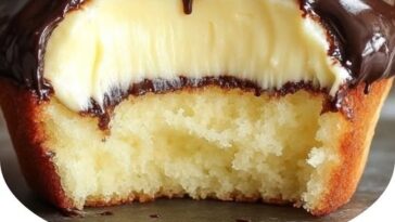 A close-up of Boston Cream Pie Cupcakes, with a fluffy vanilla cupcake base, filled with creamy custard, and topped with a glossy layer of rich chocolate ganache.