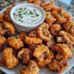 A plate of golden, crispy fried mushrooms served with a side of creamy cool ranch dip and garnished with fresh herbs.