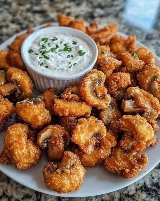 A plate of golden, crispy fried mushrooms served with a side of creamy cool ranch dip and garnished with fresh herbs.
