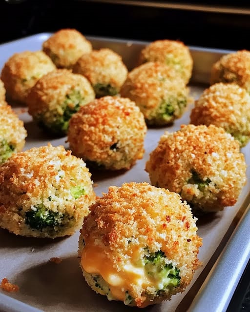 Crispy, golden-brown Cheesy Broccoli Bites arranged on a plate, with melted cheese and vibrant green broccoli visible inside, served with a dipping sauce on the side.