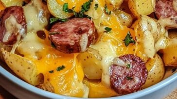 plate of cheesy ranch potatoes and smoked sausage, featuring golden, crispy potatoes topped with melted cheese, and slices of savory smoked sausage scattered throughout.
