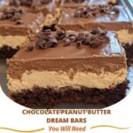 A plate of Chocolate Peanut Butter Dream Bars with a layered crust of chocolate, peanut butter, and creamy filling, topped with a smooth layer of chocolate ganache.