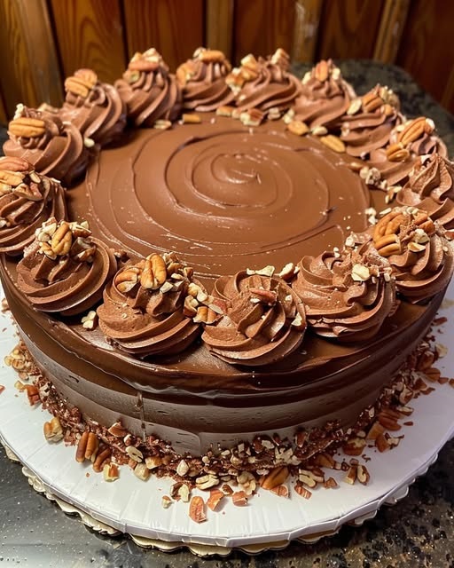 A rich chocolate pecan cake topped with butter-toasted pecans, showcasing a moist, decadent texture.