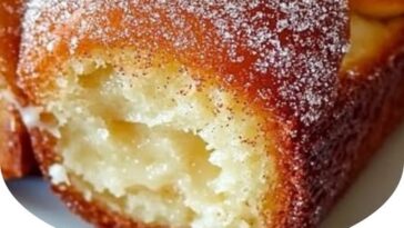 Slices of warm, golden-brown cinnamon donut bread, topped with a sugary cinnamon glaze, resting on a plate.