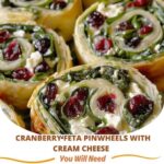 Colorful cranberry feta pinwheels with cream cheese, rolled into bite-sized swirls, showcasing vibrant red cranberries and creamy cheese filling.