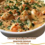 Delicious creamy seafood bisque made with fresh crab, shrimp, and rich seasonings, served in a bowl with a velvety smooth texture.