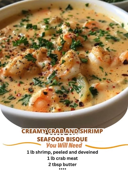 Delicious creamy seafood bisque made with fresh crab, shrimp, and rich seasonings, served in a bowl with a velvety smooth texture.