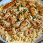 A delicious plate of creamy garlic butter chicken and rotini pasta, covered in a rich parmesan sauce and garnished with herbs.