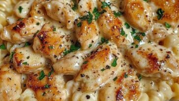 A delicious plate of creamy garlic butter chicken and rotini pasta, covered in a rich parmesan sauce and garnished with herbs.