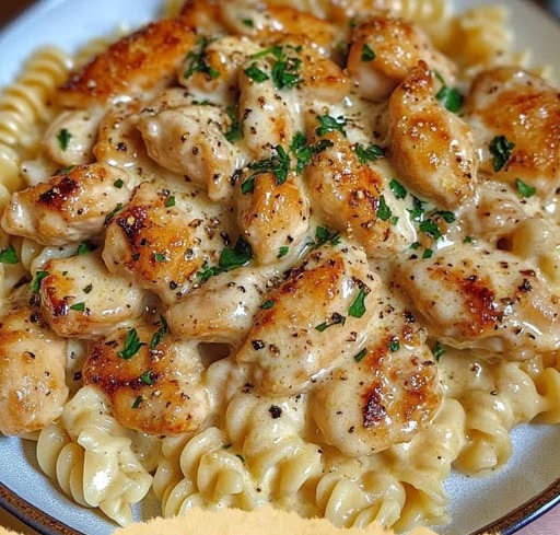 A delicious plate of creamy garlic butter chicken and rotini pasta, covered in a rich parmesan sauce and garnished with herbs.