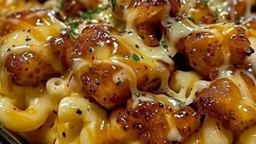 bowl of creamy, cheesy mac and cheese topped with tender, grilled honey pepper chicken, drizzled with extra honey and pepper sauce, garnished with fresh herbs.