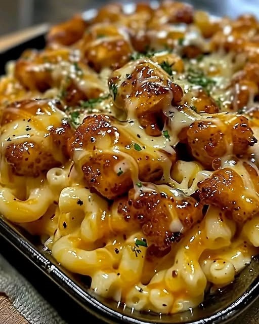 bowl of creamy, cheesy mac and cheese topped with tender, grilled honey pepper chicken, drizzled with extra honey and pepper sauce, garnished with fresh herbs.