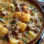 A bowl of creamy Potato & Hamburger Soup with chunks of tender potatoes, ground beef, and vegetables, topped with a sprinkle of fresh herbs, offering a rich, comforting texture."
