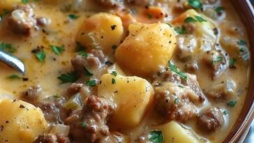 A bowl of creamy Potato & Hamburger Soup with chunks of tender potatoes, ground beef, and vegetables, topped with a sprinkle of fresh herbs, offering a rich, comforting texture."
