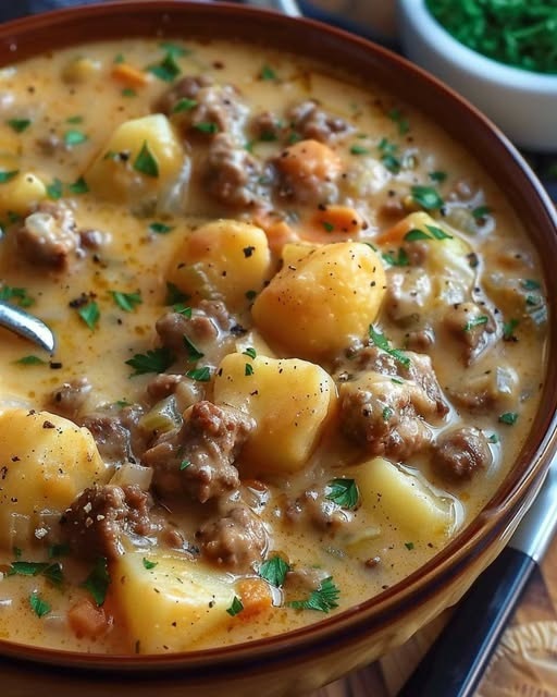 A bowl of creamy Potato & Hamburger Soup with chunks of tender potatoes, ground beef, and vegetables, topped with a sprinkle of fresh herbs, offering a rich, comforting texture."