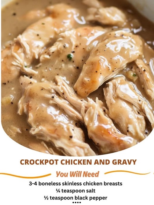 Hearty Crockpot chicken and gravy with tender chicken breasts served in a rich, creamy gravy.