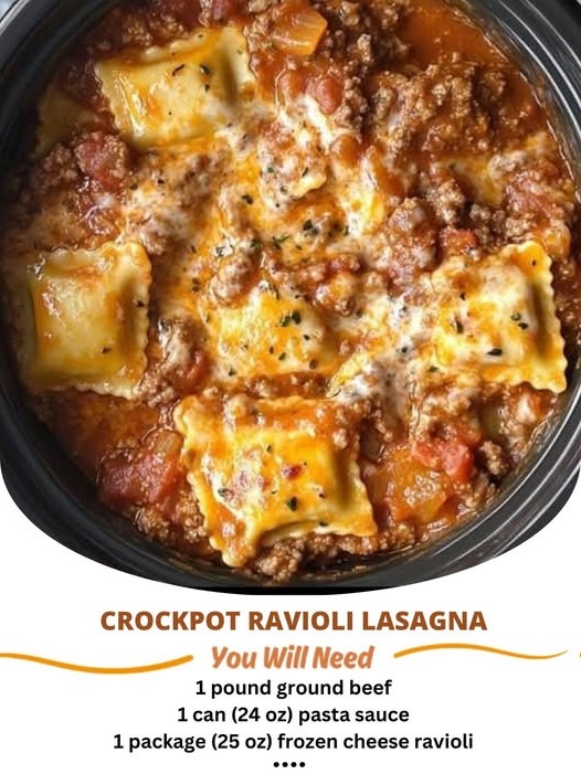 Crockpot Ravioli Lasagna layers of cheesy ravioli, marinara sauce, and melted cheese, making for an easy and comforting slow-cooker meal.