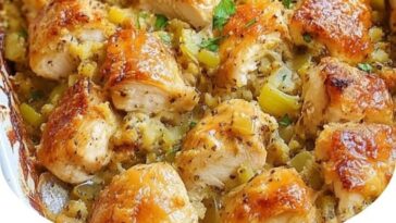 A comforting dish of Dolly's Chicken and Stuffing Casserole, featuring tender chicken, savory stuffing, and a creamy, golden top, served in a casserole dish.