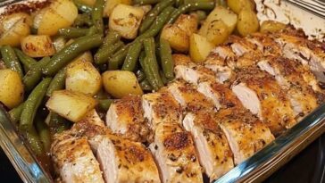 A plate of Easy Italian Chicken and Potatoes, featuring golden-brown roasted chicken thighs surrounded by tender, seasoned potatoes, garnished with fresh herbs.