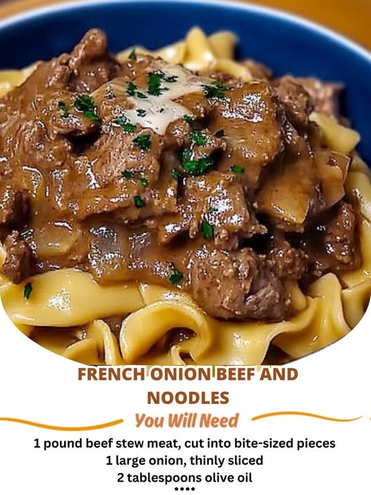 A hearty plate of French Onion Beef and Noodles, featuring tender beef, caramelized onions, and noodles in a rich, savory sauce, garnished with fresh herbs.
