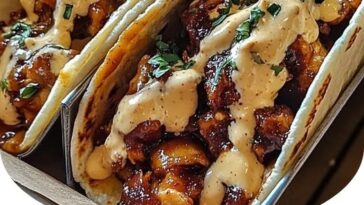 ender chicken tacos filled with juicy pieces of garlic butter honey BBQ chicken, topped with fresh cilantro and a drizzle of sauce, served on soft tortillas.