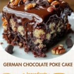 German Chocolate Poke Cake with rich caramel sauce drizzled over the top, topped with chocolate frosting and coconut-pecan filling