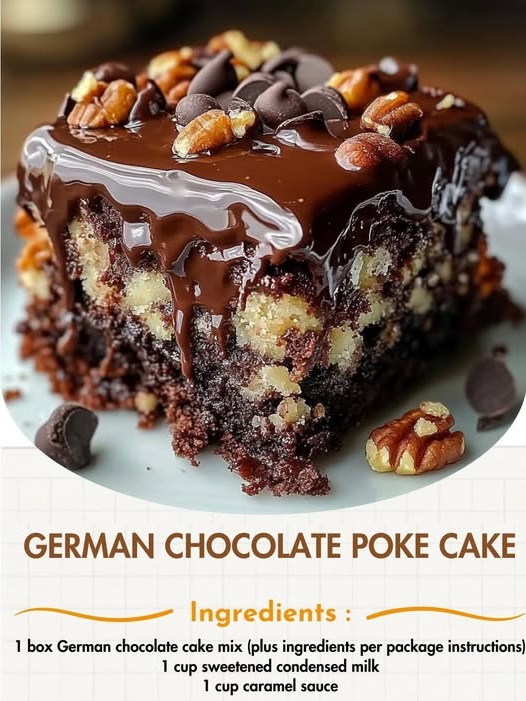 German Chocolate Poke Cake with rich caramel sauce drizzled over the top, topped with chocolate frosting and coconut-pecan filling