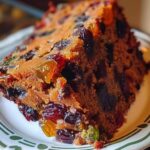 A close-up of a rich, moist fruitcake with a golden-brown crust, studded with vibrant dried fruits like cherries, raisins, and candied orange peel, drizzled with a light glaze, and surrounded by festive holiday decorations.