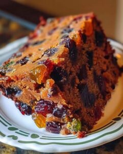 A close-up of a rich, moist fruitcake with a golden-brown crust, studded with vibrant dried fruits like cherries, raisins, and candied orange peel, drizzled with a light glaze, and surrounded by festive holiday decorations.