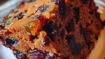 A close-up of a rich, moist fruitcake with a golden-brown crust, studded with vibrant dried fruits like cherries, raisins, and candied orange peel, drizzled with a light glaze, and surrounded by festive holiday decorations.
