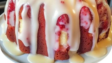 A freshly baked homemade strawberry cream cheese pound cake with a light pinkish hue, topped with slices of fresh strawberries and a creamy glaze.