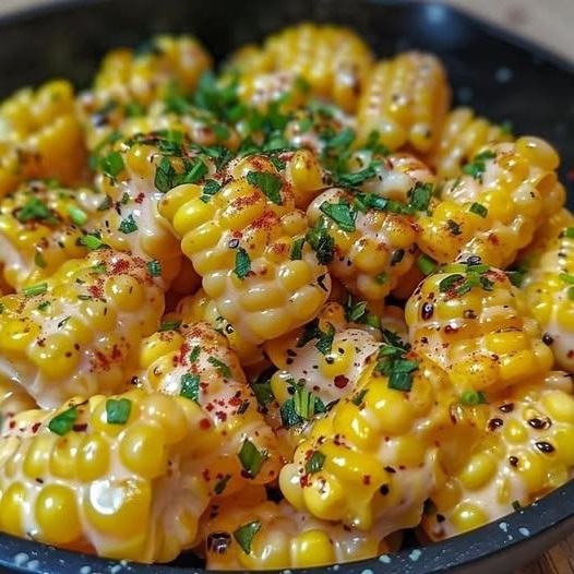 Golden, buttery skillet corn with a drizzle of honey, garnished with herbs and served in a cast iron pan.