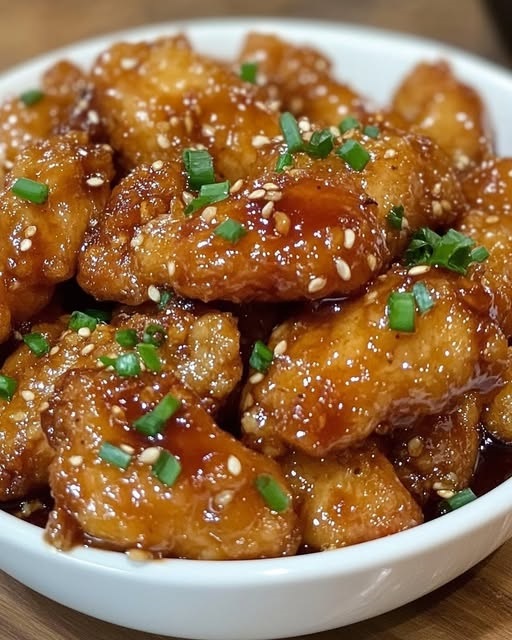 A plate of Honey Garlic Chicken, golden-brown and glazed with a sweet and savory honey garlic sauce, served with a side of vegetables.