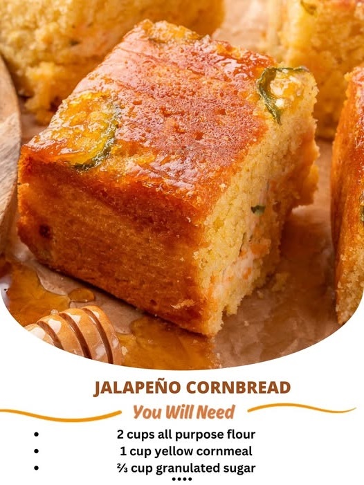 Jalapeño cornbread with a golden, crispy crust, topped with chopped jalapeños