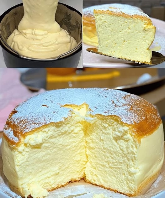 Fluffy, light Japanese cheesecake with a soft, cloud-like texture, topped with a light dusting of powdered sugar