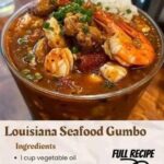 A bowl of Louisiana Seafood Gumbo filled with shrimp, crab, and sausage, simmered in a rich, dark roux with vegetables, served with a side of rice.