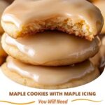 Maple cookies topped with a glossy maple icing, arranged on a plate with a rustic, warm background.