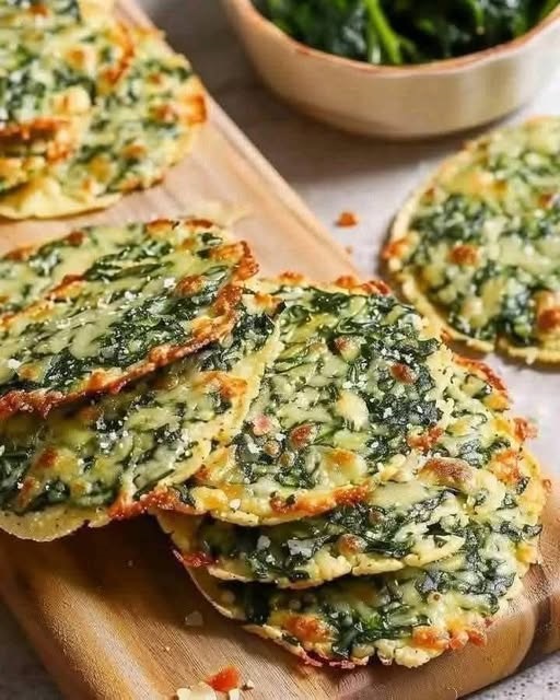 A close-up of Mediterranean Spinach and Feta Crisps, golden and crispy with visible spinach and crumbled feta, served as a savory snack.