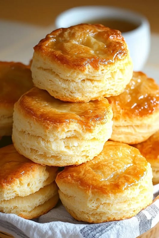 Fluffy, golden-brown buttermilk biscuits stacked on a plate with a pat of butter melting on top
