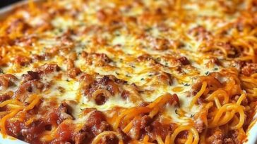 delicious, cheesy Million Dollar Spaghetti Casserole, with layers of pasta, rich marinara sauce, and melted cheese, served in a baking dish.