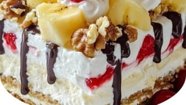 A vibrant slice of no-bake banana split cake topped with whipped cream, chocolate syrup, maraschino cherries, and banana slices.
