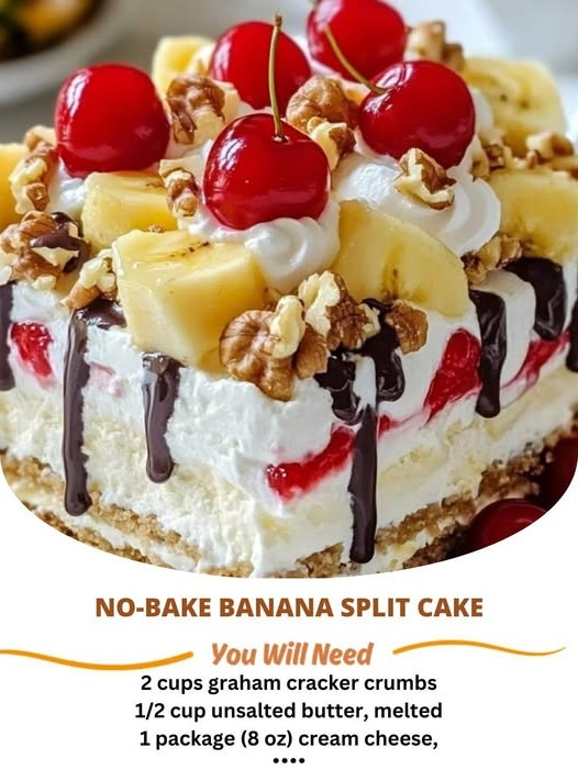 A vibrant slice of no-bake banana split cake topped with whipped cream, chocolate syrup, maraschino cherries, and banana slices.